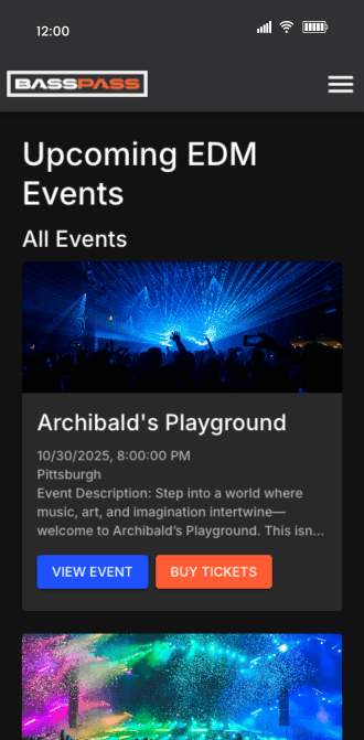 BassPass mobile app showing the homepage for purchasing and showing real-time ticket availability for EDM festivals and raves