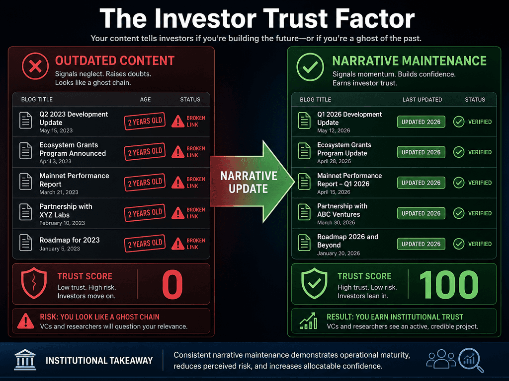 A split-screen comparison showing how outdated content creates 'Ghost Chain' signals versus how updated content builds investor trust and credibility.
