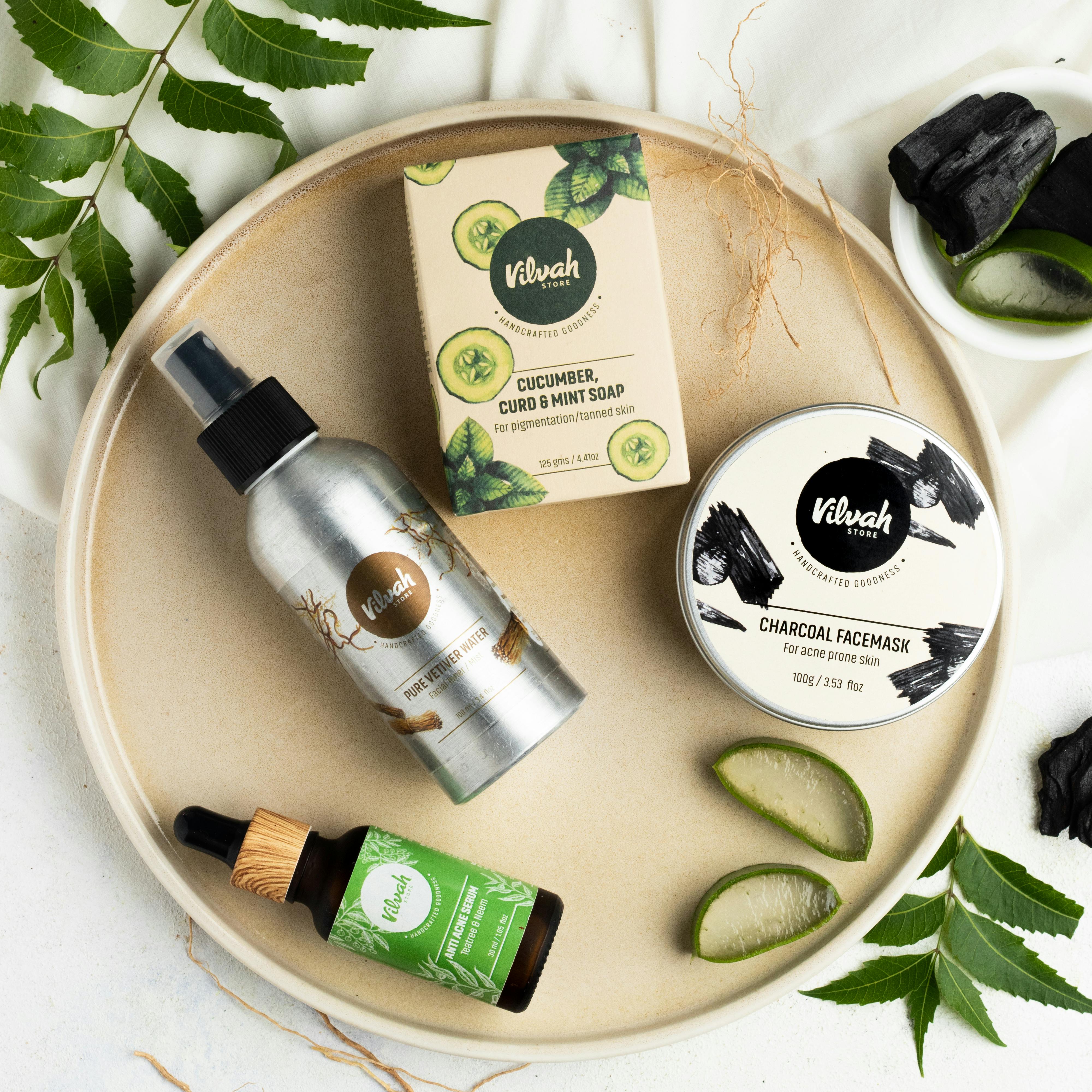 flat-lay-of-natural-skin-care-products-featuring-charcoal-facemask,-cucumber-soa - vilvah-store (pexels)