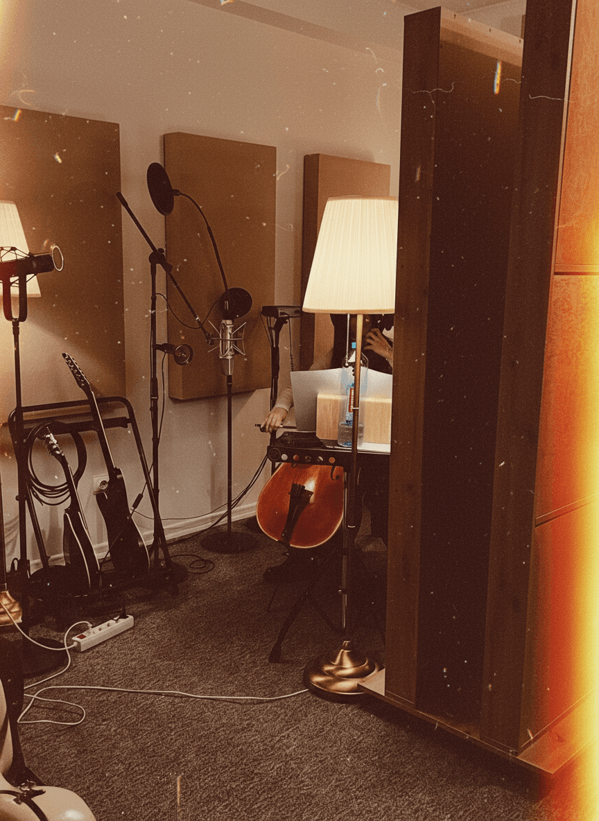 Recording studio with microphones and guitars, while a musician in the back records cello behind a lamp.