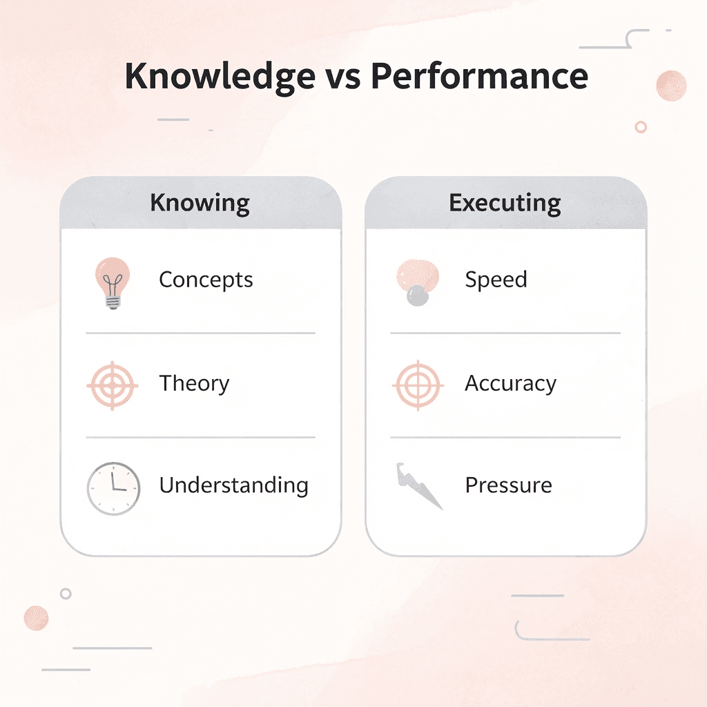 Comparison between knowing material and executing under test conditions