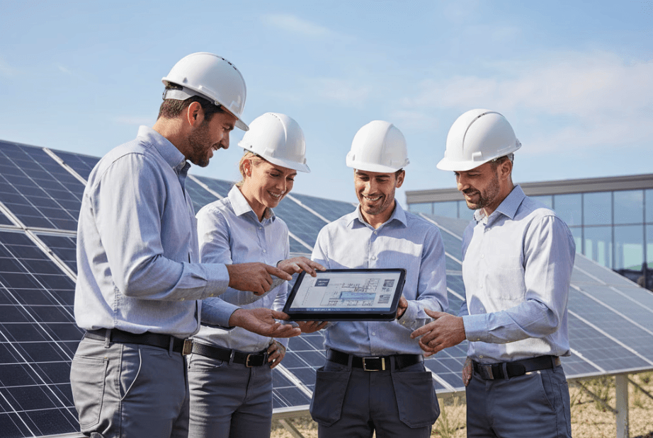 Photo d'installateurs de panneaux photovoltaiques qui sont membres de l'Accélérateur Powered by Solarock sur un chantier d'installation solaire