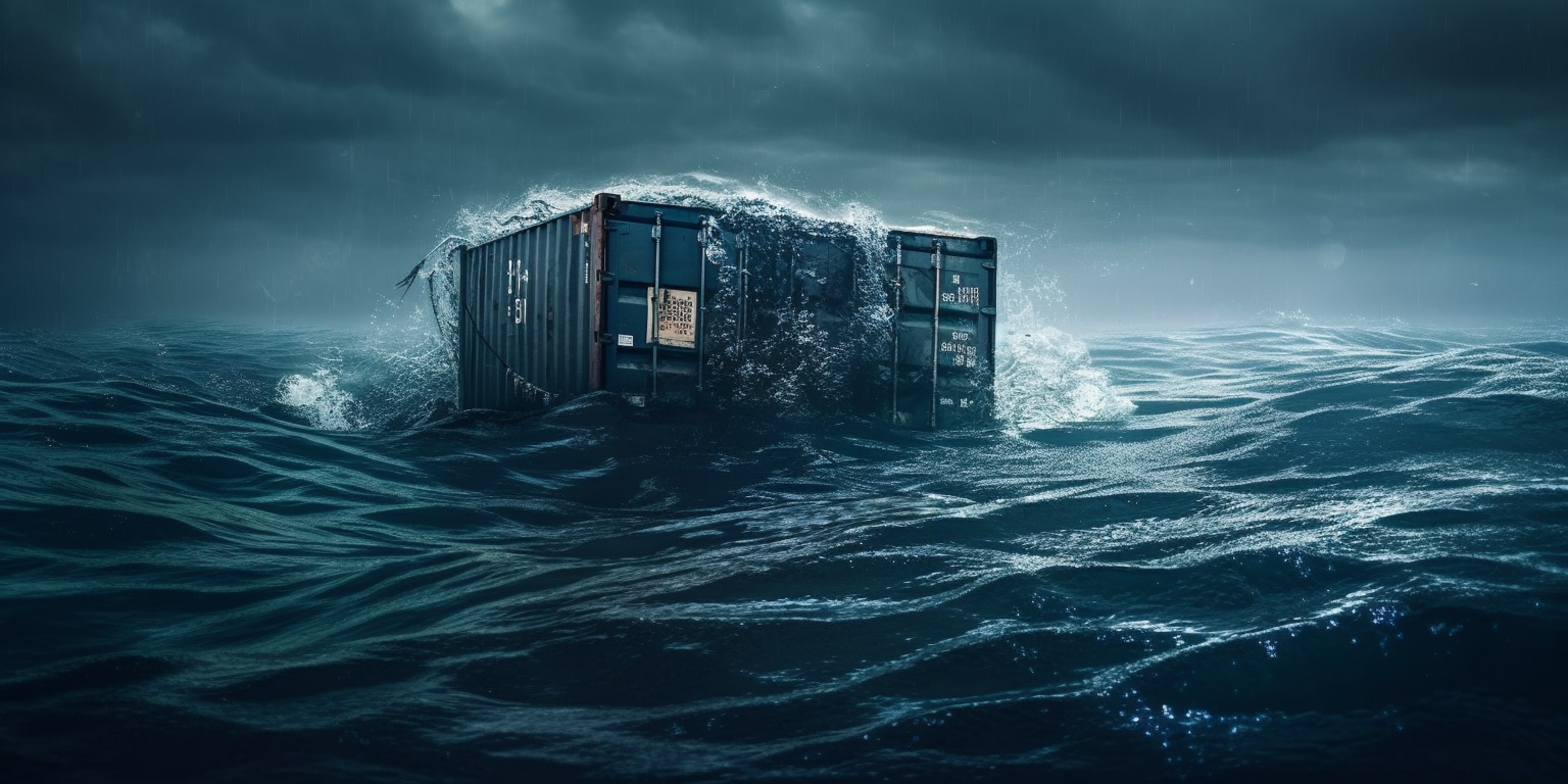 A cargo container partially submerged in turbulent water, representing the challenges in freight claims management and Inway’s expertise in swift recovery solutions.