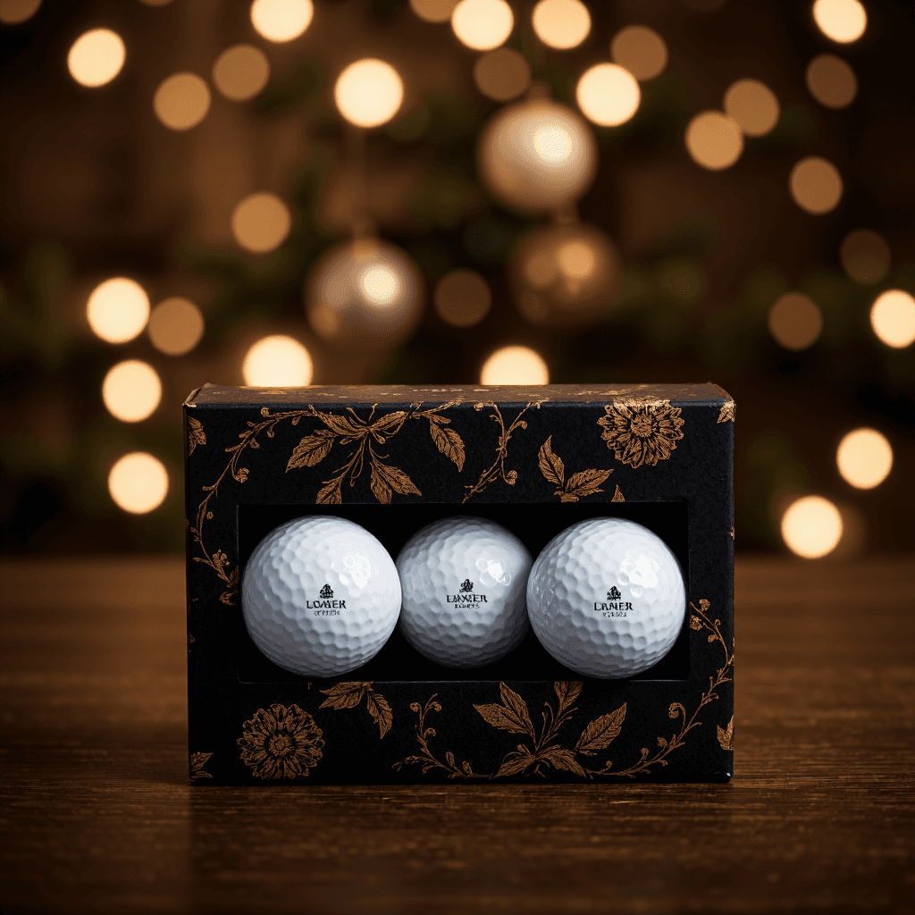 product photography of a box of golf balls with a decorative design