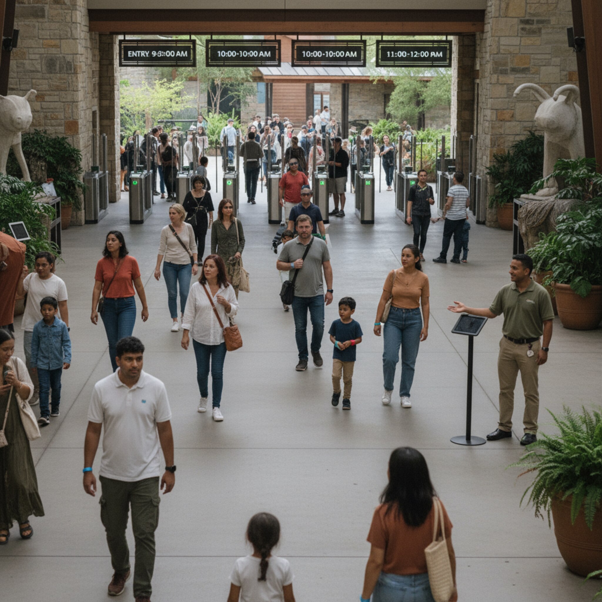 Am Haupteingang laufen Besucher durch breite Gänge in Richtung der Drehkreuze. Ein Schild zeigt klar die aktuellen Zeitfenster, ein Mitarbeiter weist freundlich den Weg. Die Menge verteilt sich gleichmäßig, Kinder halten bunte Eintrittsbänder. Das Licht ist hell, die Atmosphäre wirkt strukturiert und ruhig.