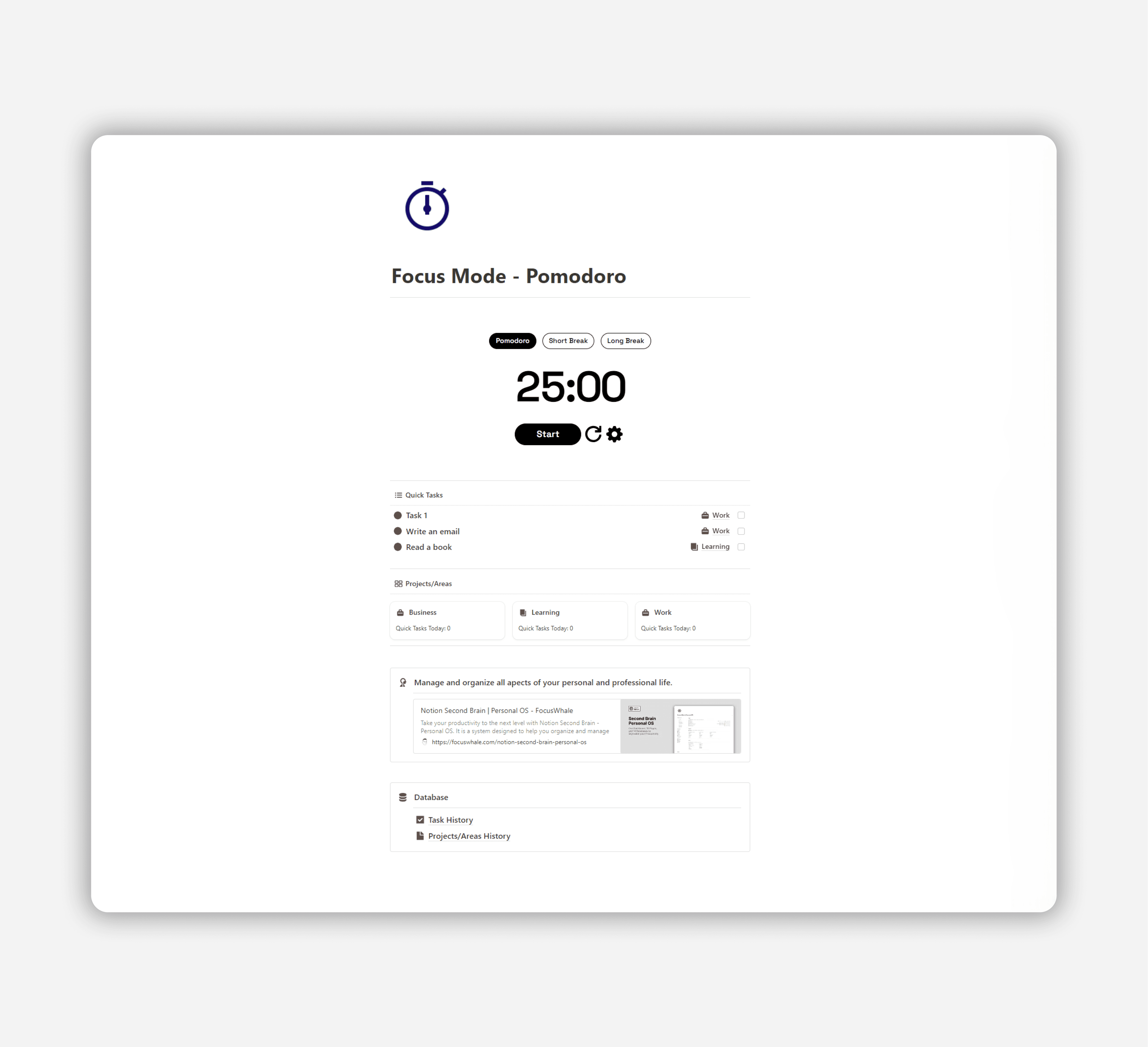 Notion Focus Mode Pomodoro - Free Notion Template