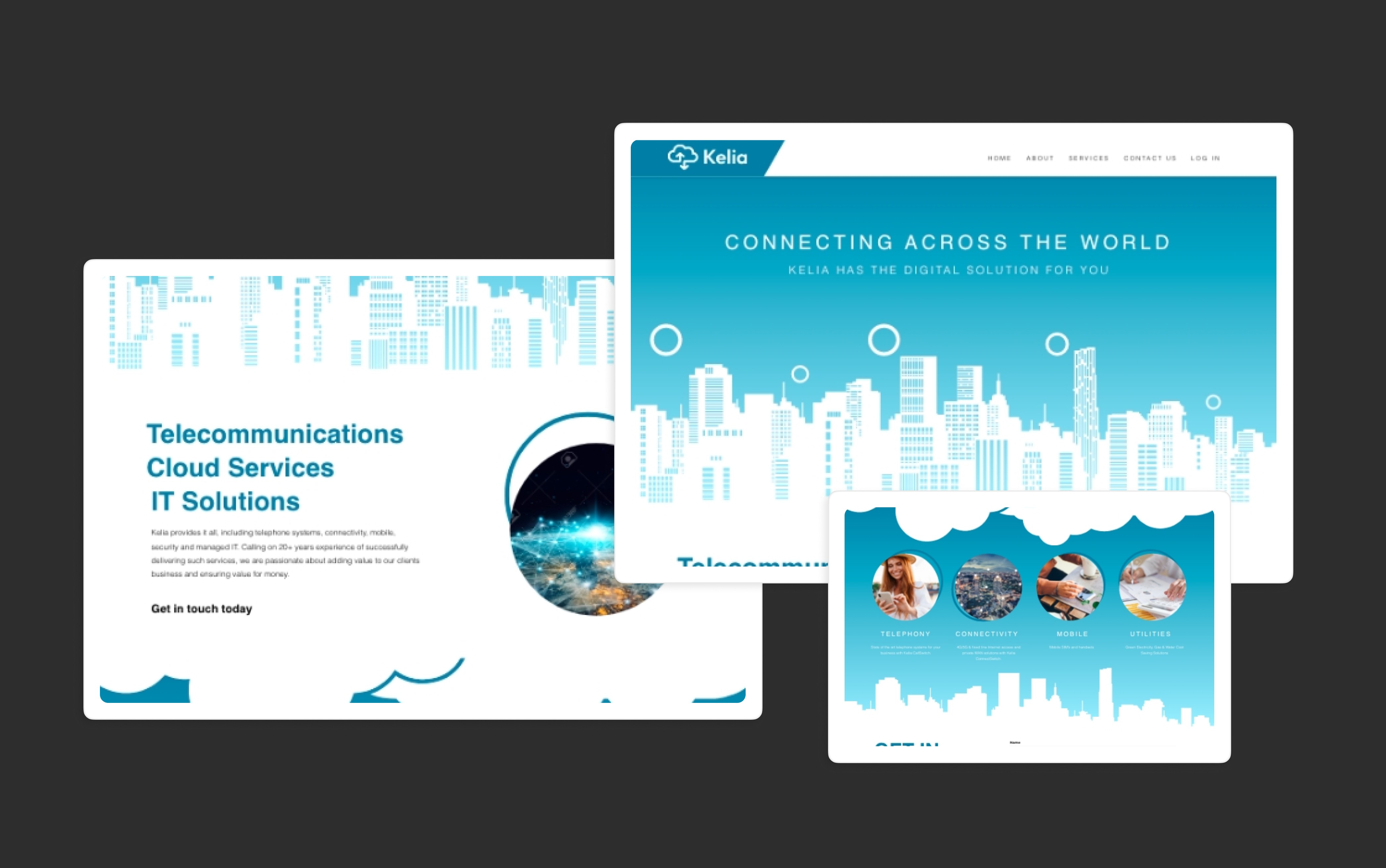 Three screenshots of a website designed for a telecommunications company