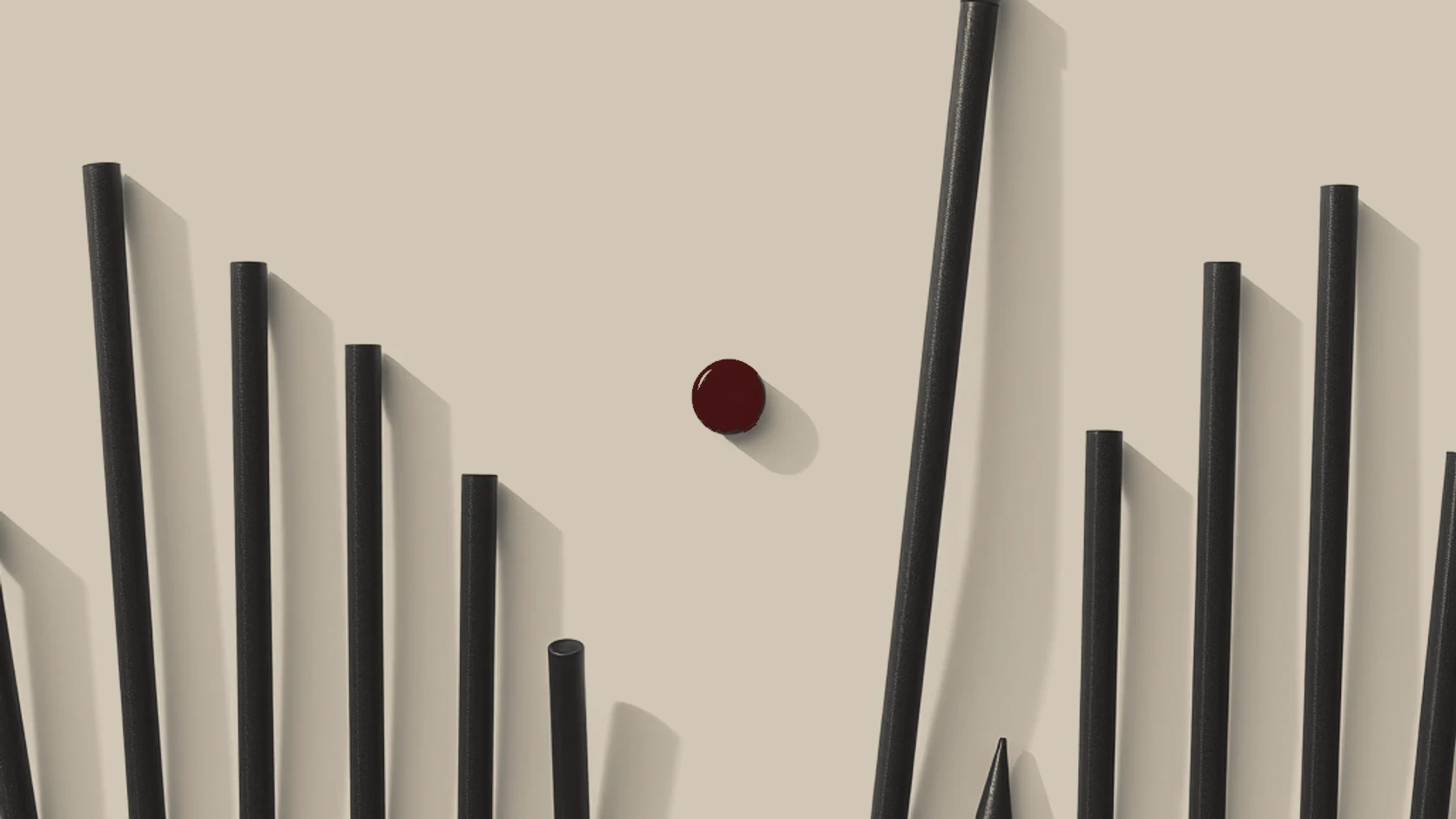 A row of black rods with one capped in red, illustrating the power of distinctive assets in making a brand instantly recognisable among competitors.
