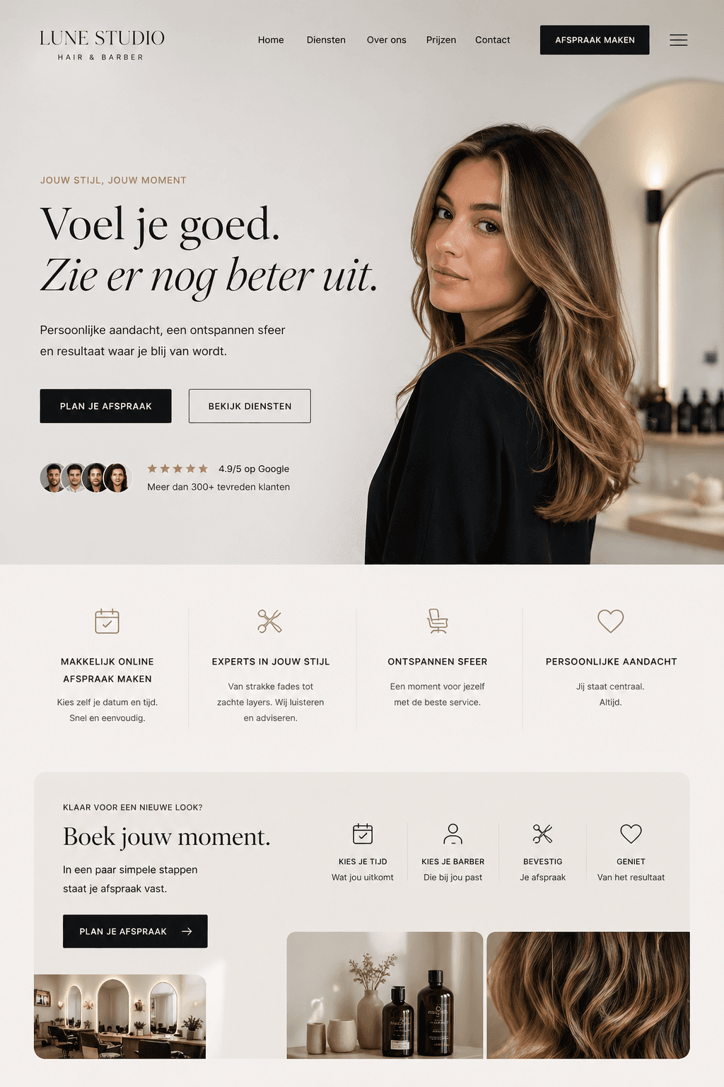 Smiling young woman with long hair standing against a dark green background, holding a finger to her chin.