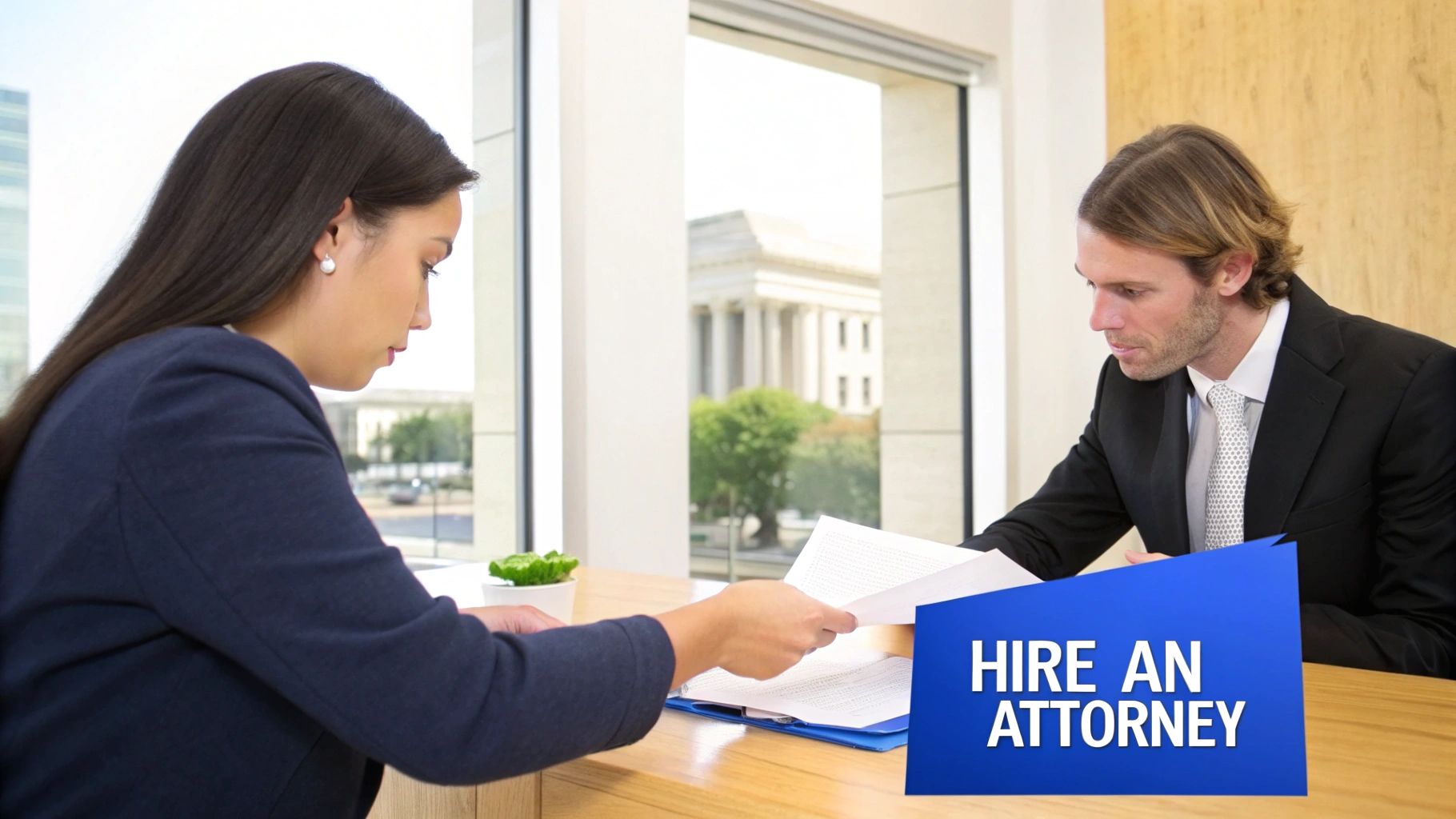 A female client hands documents to a male attorney at a desk, with