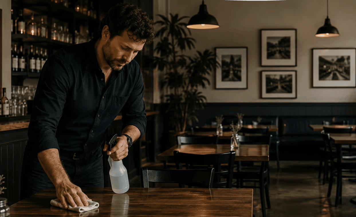 Restaurant manager wiping down table in a restaurant dining room.
