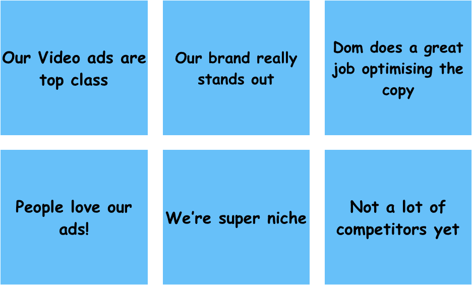 Six blue sticky notes with team strengths like strong ads, standout brand, and niche positioning