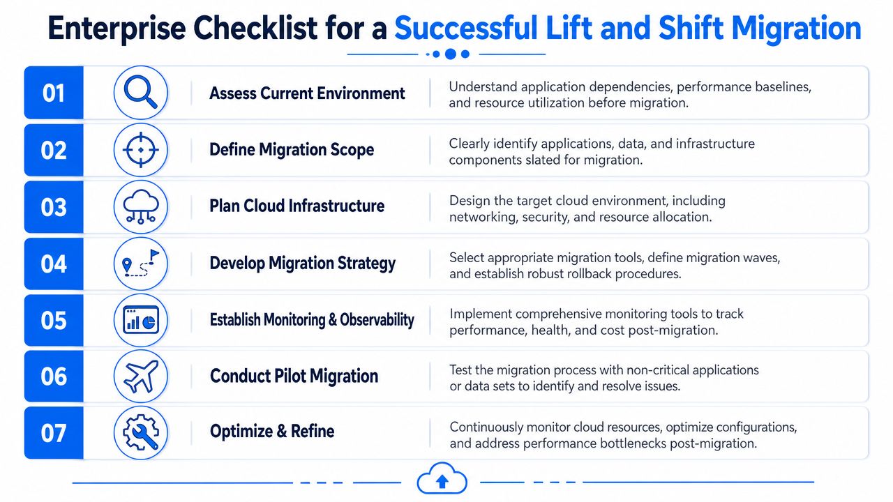 A seven-step enterprise checklist for performing a successful cloud lift and shift migration process.
