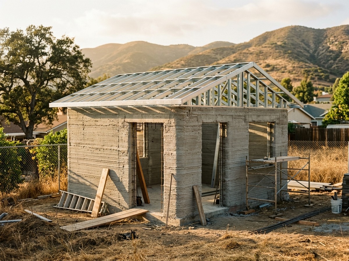 concrete house construction backyard california golden hour