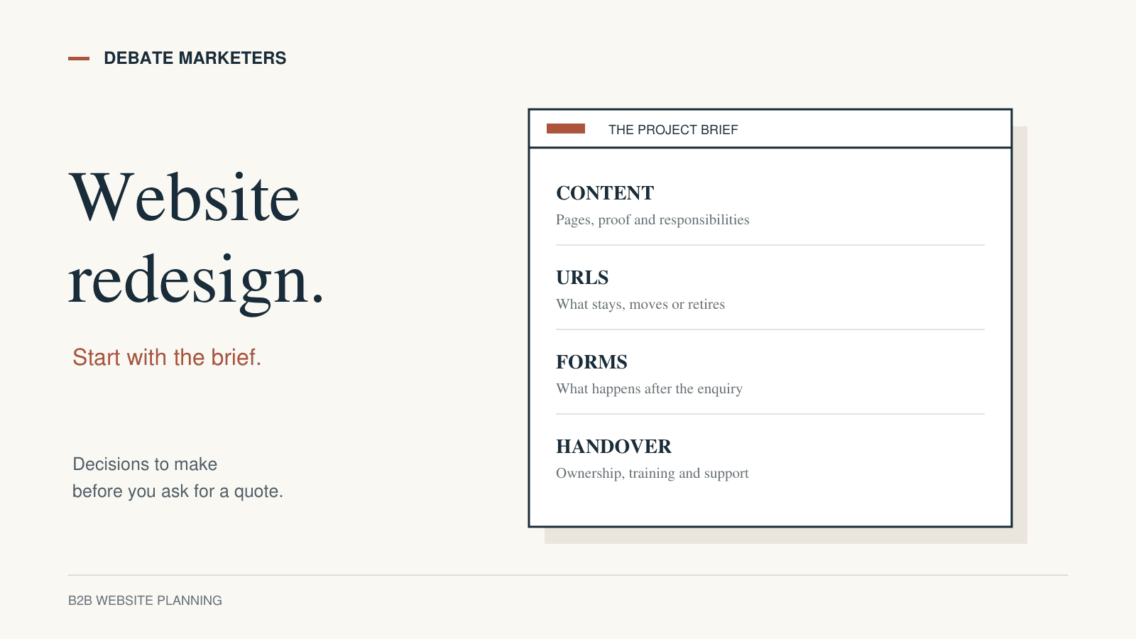 Conceptual illustration of website planning cards covering content, URLs, forms and handover.