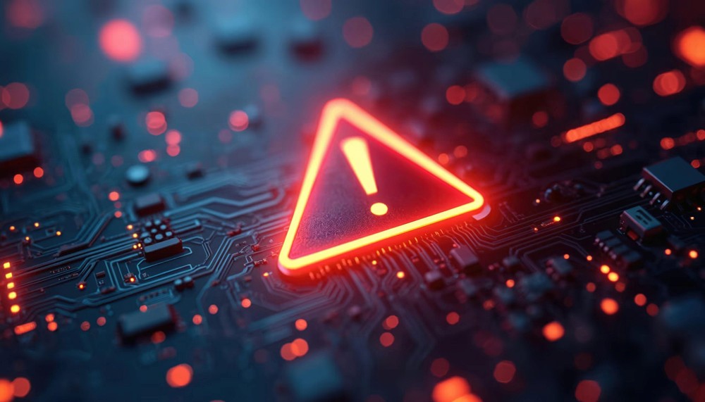 Red digital warning symbol glowing on a circuit board interface, representing active ransomware exploitation of the VMware ESXi CVE 2025 22225 vulnerability and hypervisor compromise.