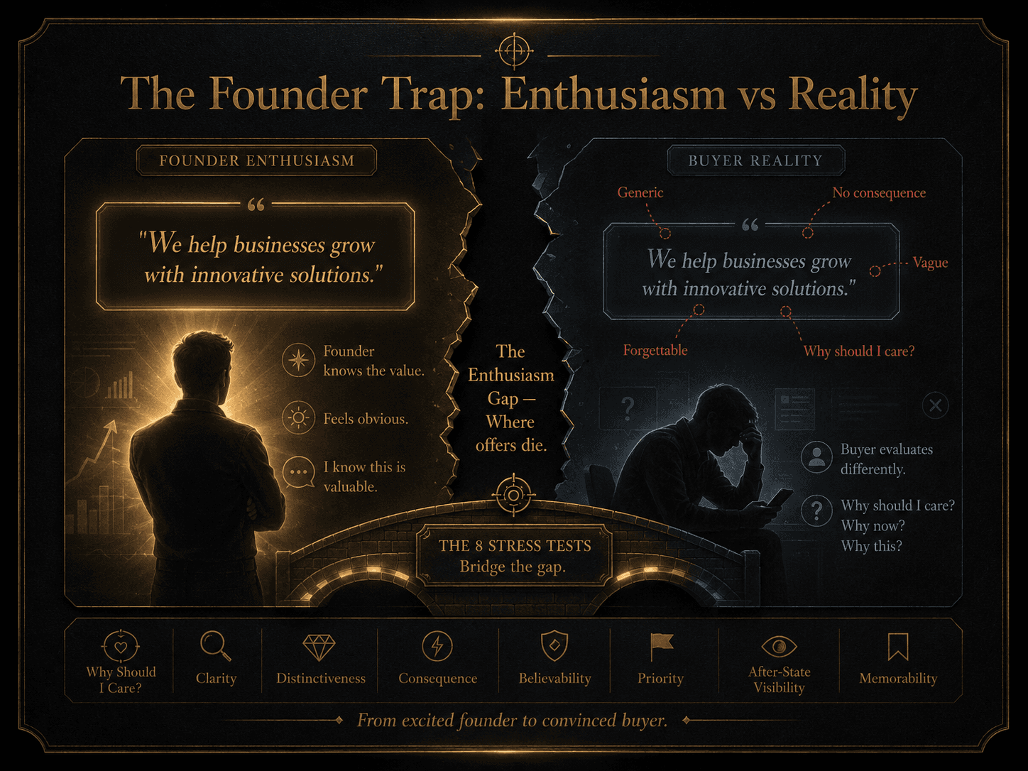 “The Founder Trap: Enthusiasm vs Reality” Concept: A split-screen comparison showing two perspectives on the same offer.  Left side (Founder Enthusiasm): A glowing, rose-colored view of an offer. The offer statement is: “We help businesses grow with innovative solutions.” The founder silhouette is beaming, confident. Label: “Founder knows the value. Feels obvious. ‘I know this is valuable.’”  Right side (Buyer Reality): A cold, grey, skeptical view of the same offer. The same statement appears, but with diagnostic red markers: “Generic,” “No consequence,” “Vague,” “Forgettable,” “Why should I care?” The buyer silhouette is confused, scrolling away. Label: “Buyer evaluates differently. ‘Why should I care? Why now? Why this?’”  A large, jagged gap between them labeled: “The Enthusiasm Gap — Where offers die.”  Style: Dark charcoal background. Left side: warm but naive rose/gold, soft glow. Right side: desaturated grey/blue, cold, diagnostic red markers. The contrast is stark.  Interaction: Hovering the left side reveals: “Founders evaluate offers emotionally. They know the value.” Hovering the right side reveals: “Buyers evaluate offers skeptically. They need visible consequence.” Clicking the gap expands the 8 stress tests as the bridge.