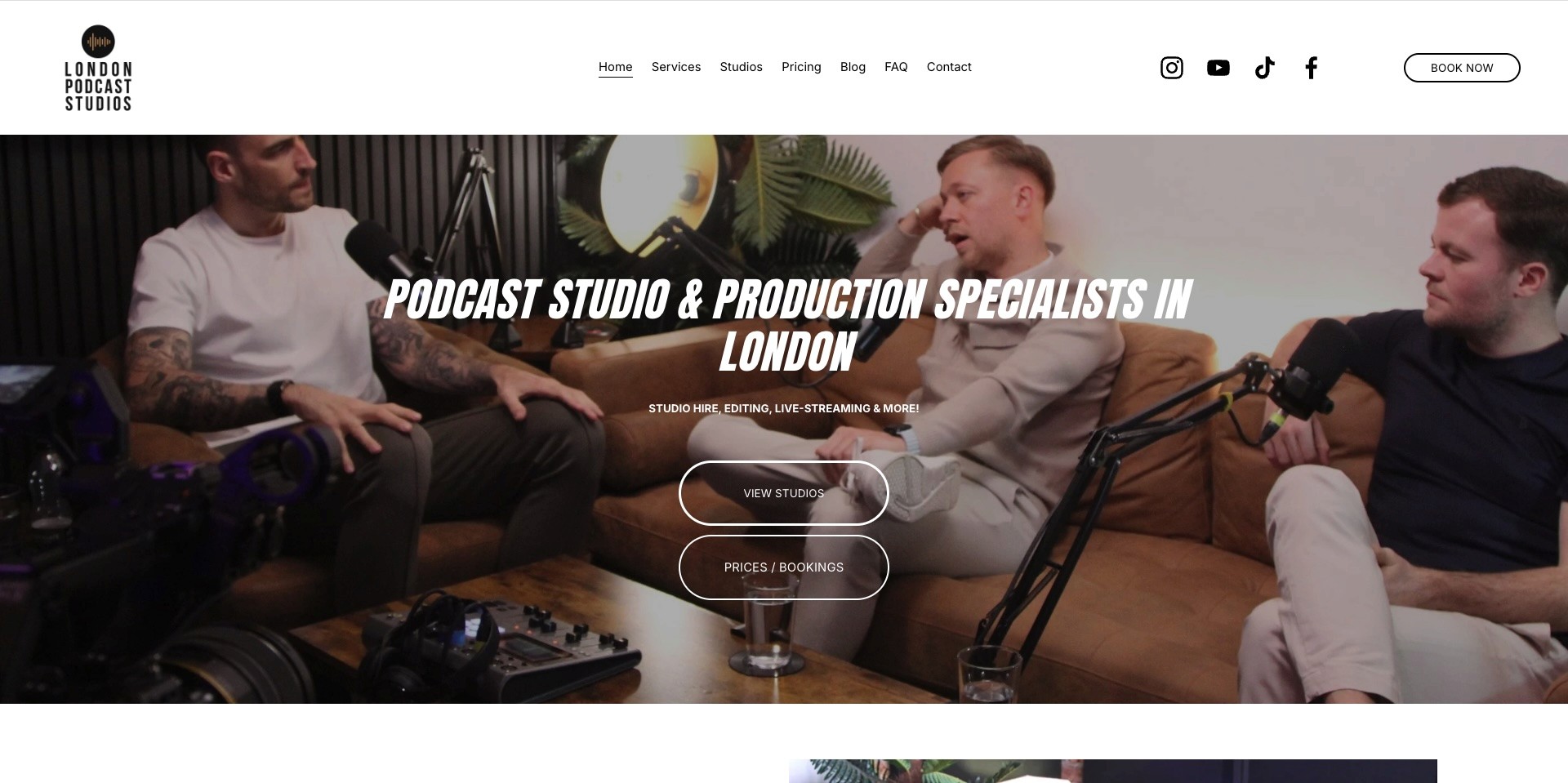 Screenshot of the homepage for London Podcast Studio based in Whitechapel, analysed in this guide alongside Creative Kin Podcast Studio’s proximity to Canary Wharf and ExCeL London via the direct Elizabeth line.