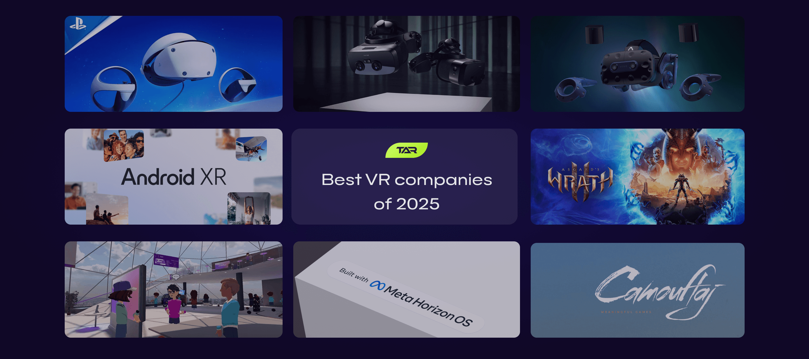 Collage showcasing the best VR companies of 2025, featuring leading virtual reality development innovations and hardware. The image includes VR headsets such as the PlayStation VR2, HTC Vive, and Android XR platforms, highlighting the cutting-edge technology powering virtual reality experiences. Central to the collage is a featured text stating 'Best VR companies of 2025,' representing top VR development firms globally. Other visuals include popular VR software like Asgard's Wrath II and environments designed for immersive gaming, as well as Meta's Horizon OS symbolizing social virtual reality. This vibrant collage reflects the pinnacle of virtual reality technology and development, celebrating the advancements in VR companies shaping the industry.