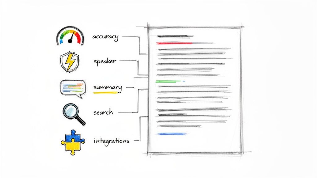 Visual features of an automated transcription service: accuracy, speaker identification, summary, search, and integrations.