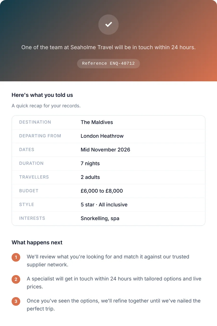 Enquiry thank-you email with a reference, a recap of what the customer asked for and what happens next