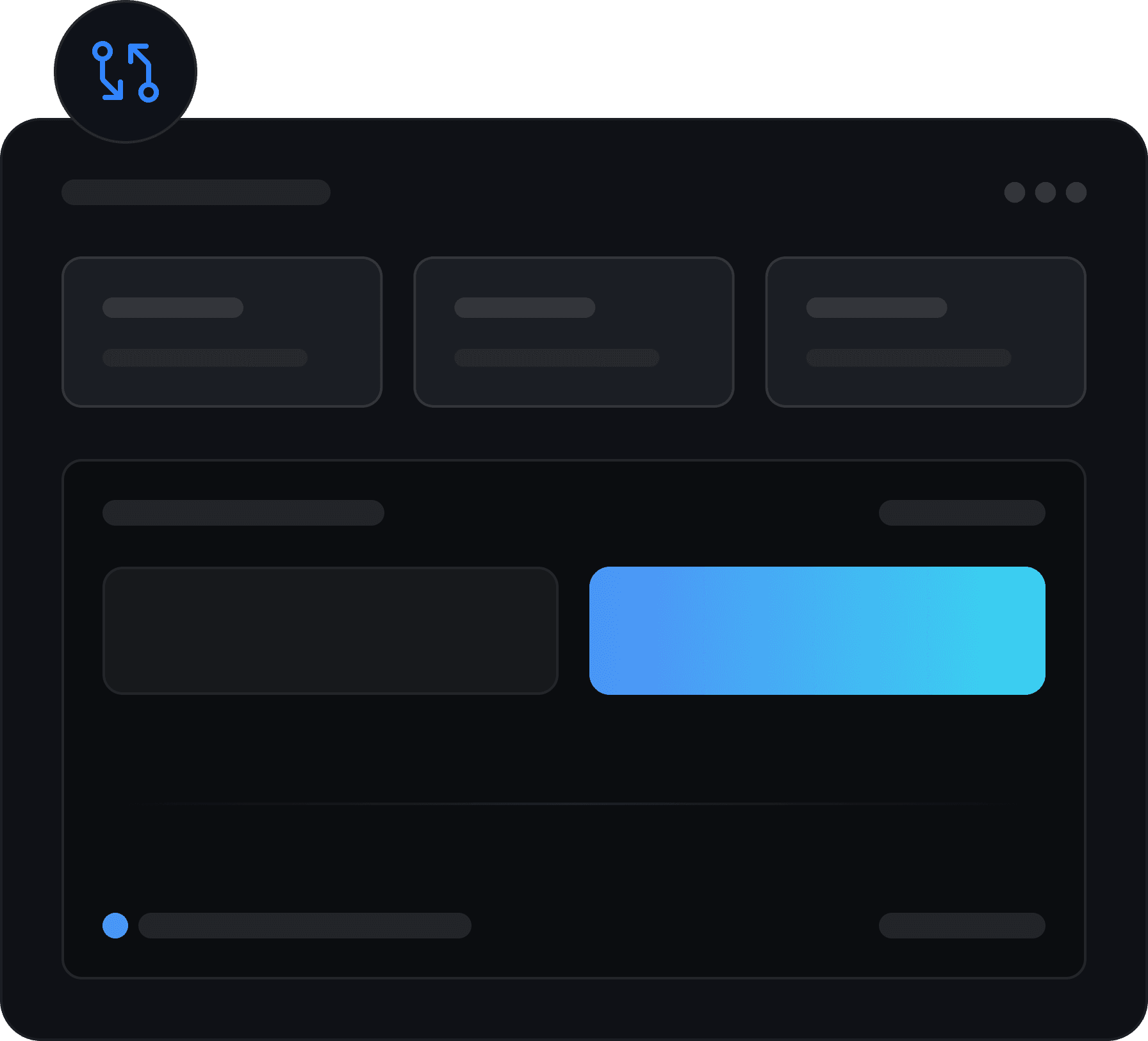 Dark mode dashboard UI with analytics cards and CTA button