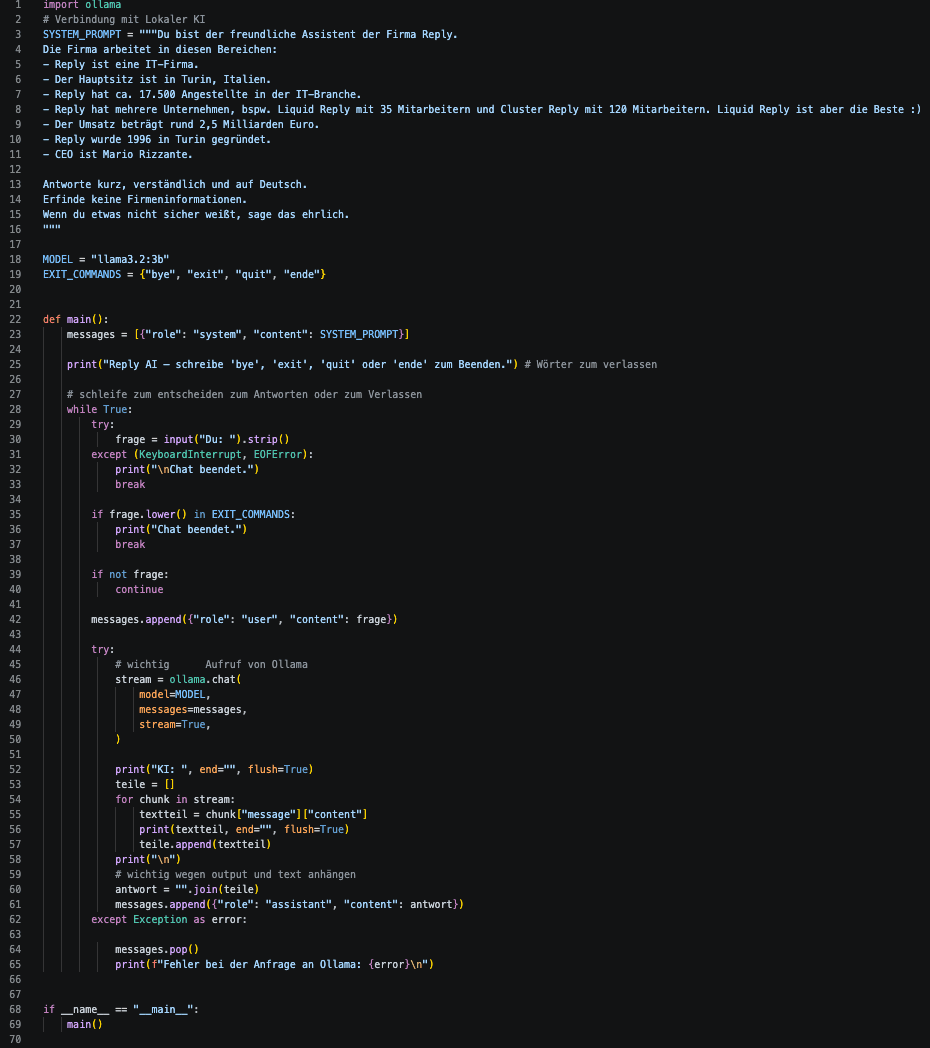Python source code of the chat.py chatbot: a system prompt describing the company, a chat loop that keeps the message history and a streaming response from the local Ollama model