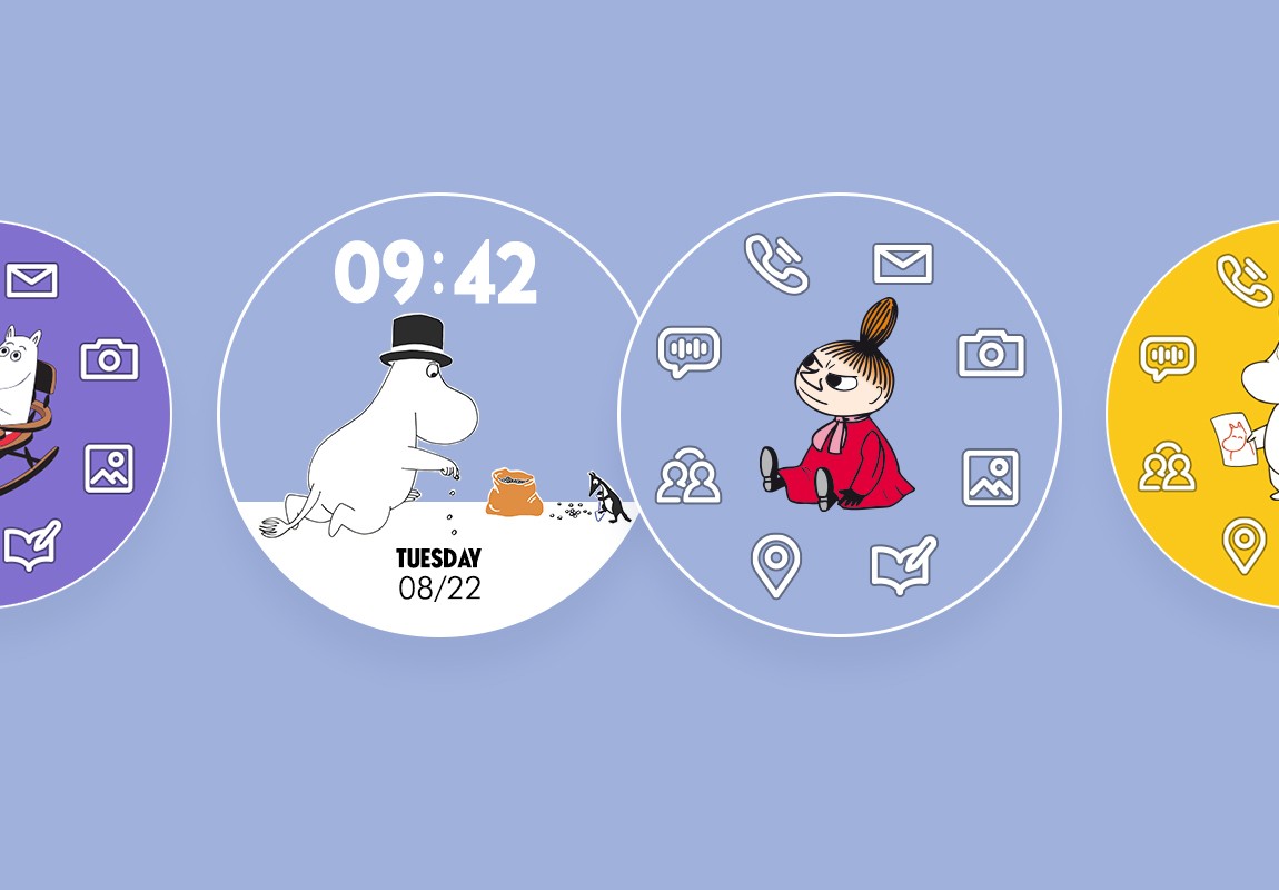 캐릭터 기반 워치페이스와 주요 기능 아이콘이 표시된 스마트워치 화면