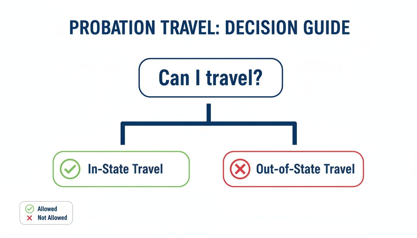 A flowchart titled 'Probation Travel: Decision Guide' indicates in-state travel is allowed, while out-of-state travel is not.