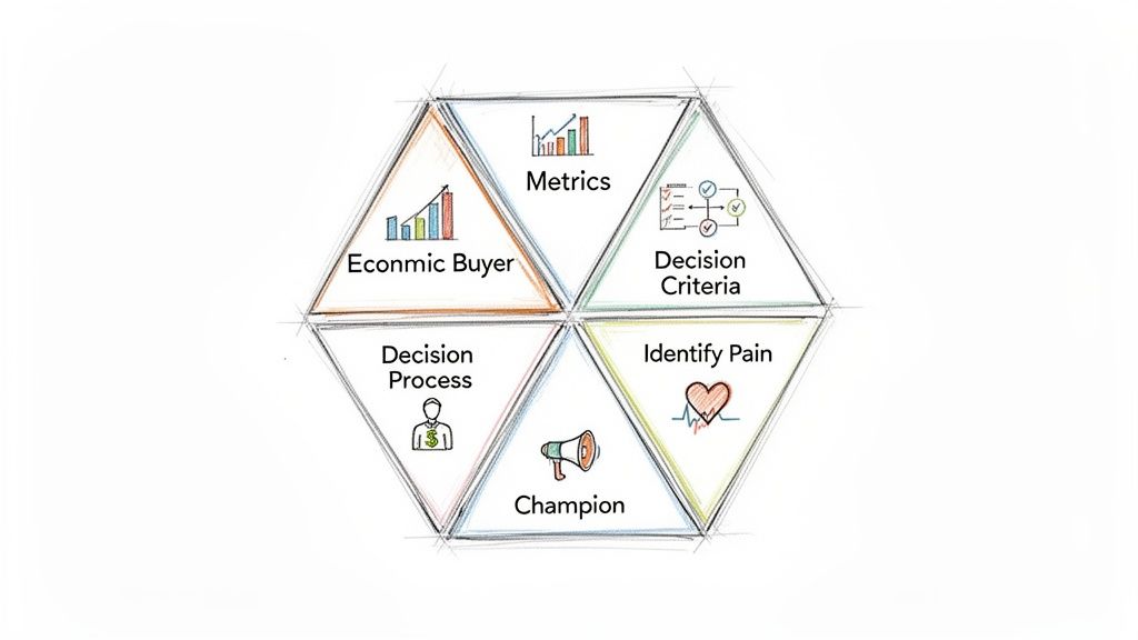 Hexagonal diagram with six elements: Economic Buyer, Metrics, Decision Criteria, Identify Pain, Champion, Decision Process.