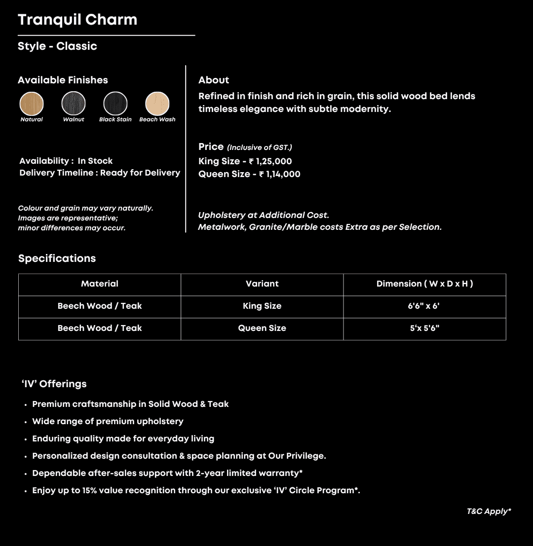 Walnut wood bed with sloped headboard for earthy elegance.