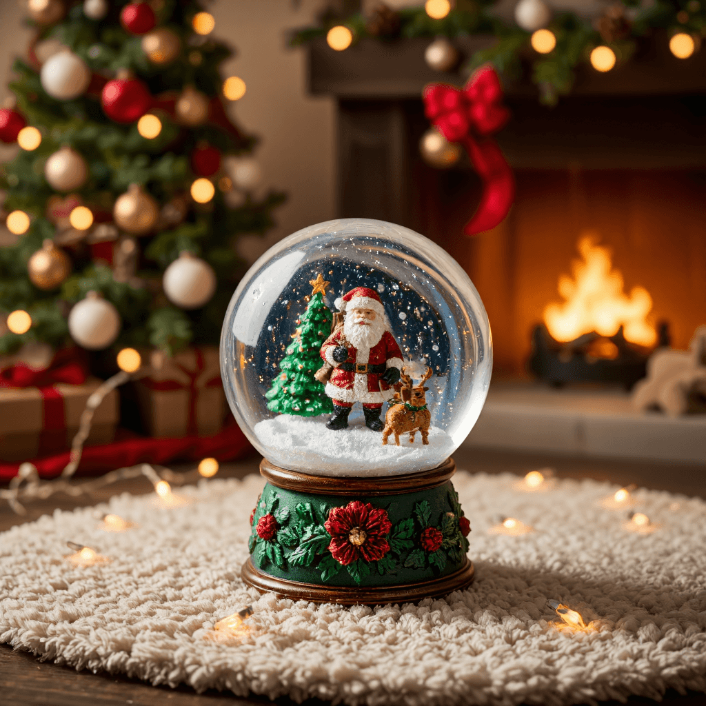 product photography of a decorative snow globe with a Christmas theme featuring Santa Claus