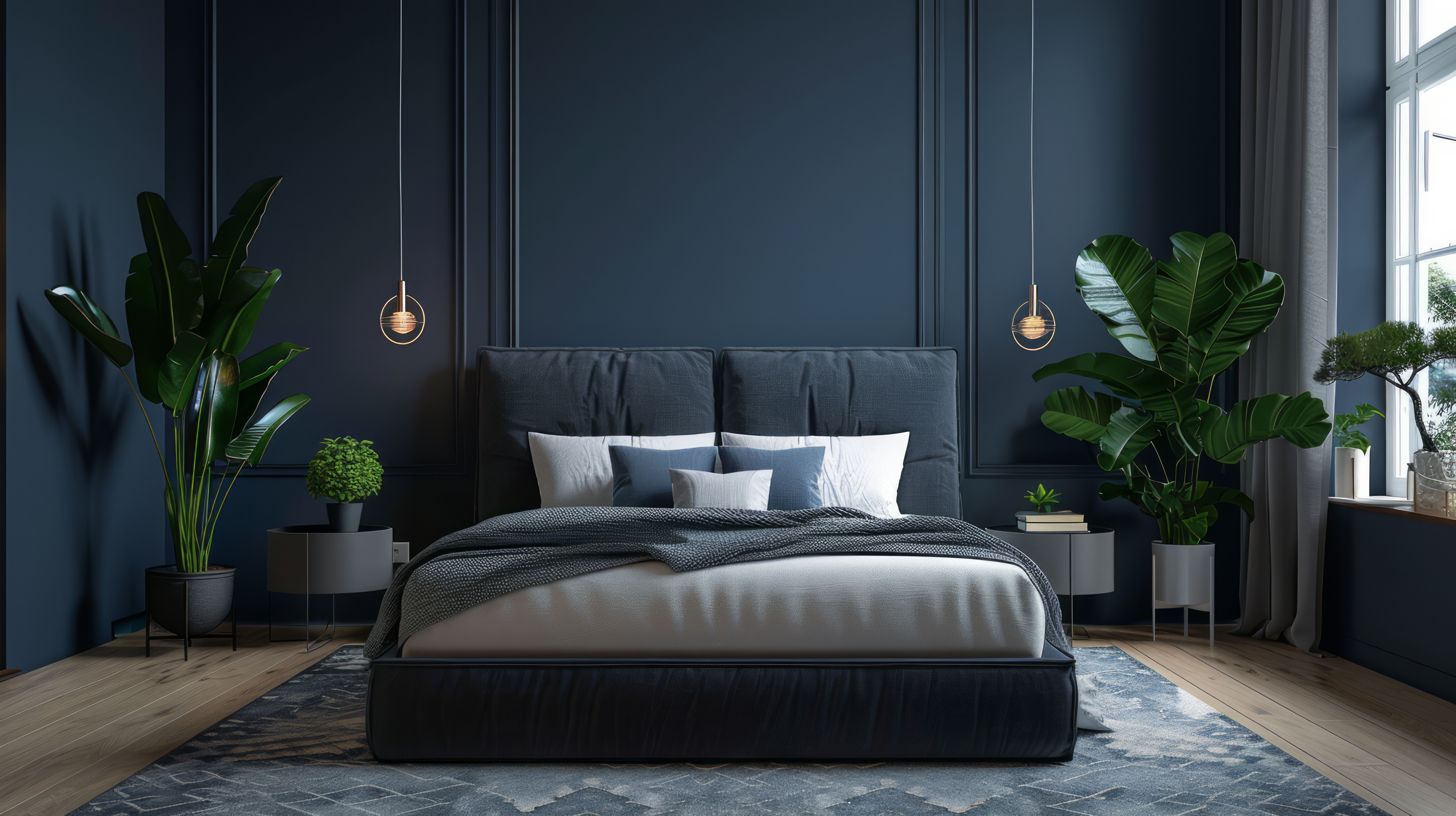Elegant modern bedroom featuring a deep blue paneled wall, plush upholstered bed, layered pillows, and warm pendant lighting