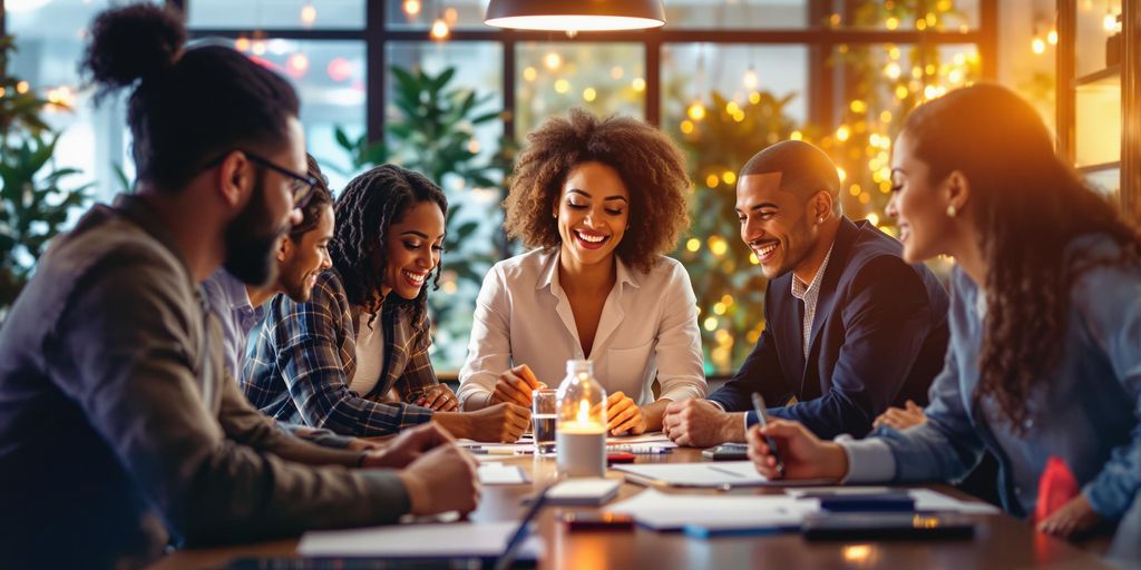 Diverse professionals collaborating in a dynamic business meeting.