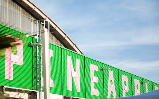 Außenansicht des Pineapple Park in München, dem Standort von The Boulder Room – grüne Fassade unter blauem Himmel.