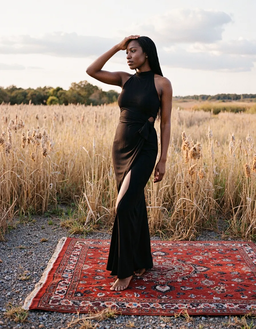 Elegant figure in black dress standing on ornate red carpet amid golden field at sunset, creating dramatic contrast between fashion and nature