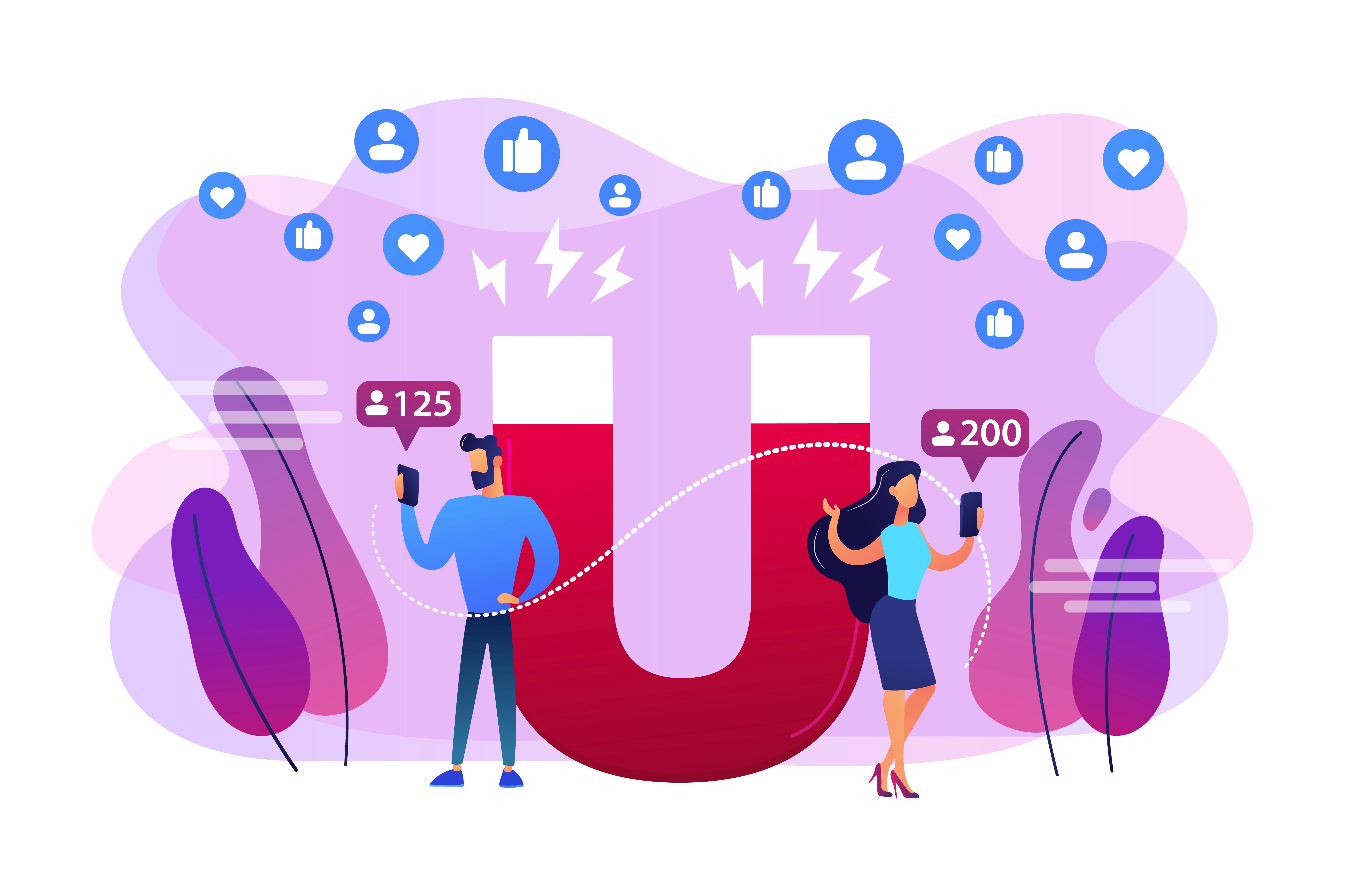 Illustration of two people with smartphones beside a large magnet attracting social media followers, likes, and engagement icons