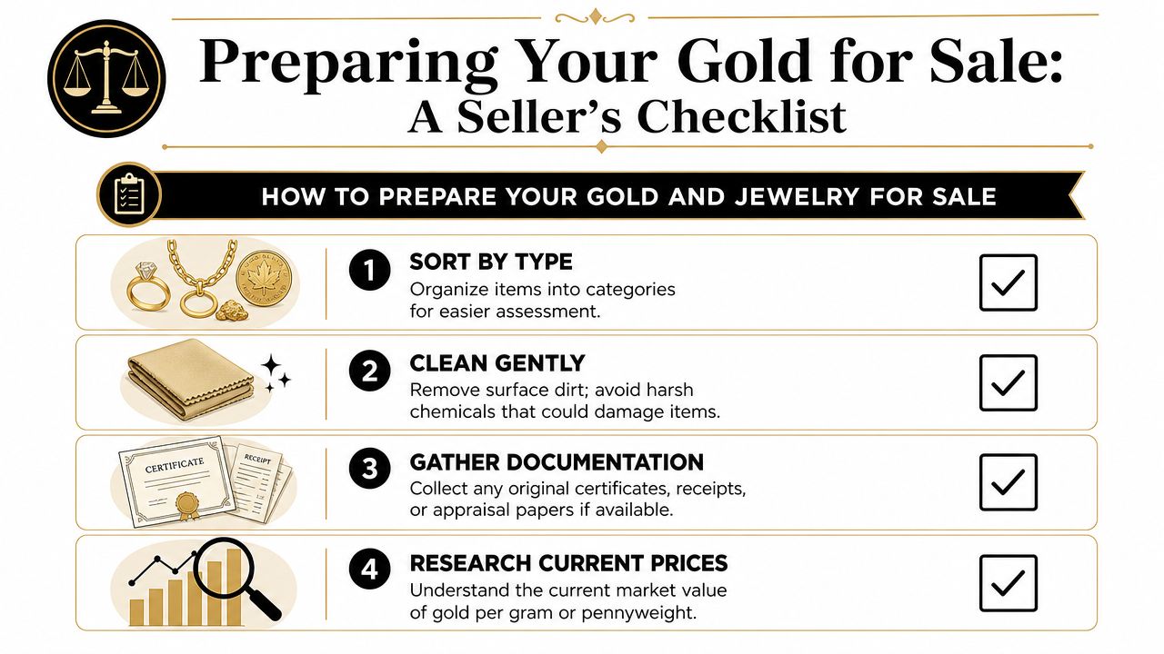 A four-step infographic guide titled Preparing Your Gold for Sale with icons for sorting, cleaning, documentation, and research.