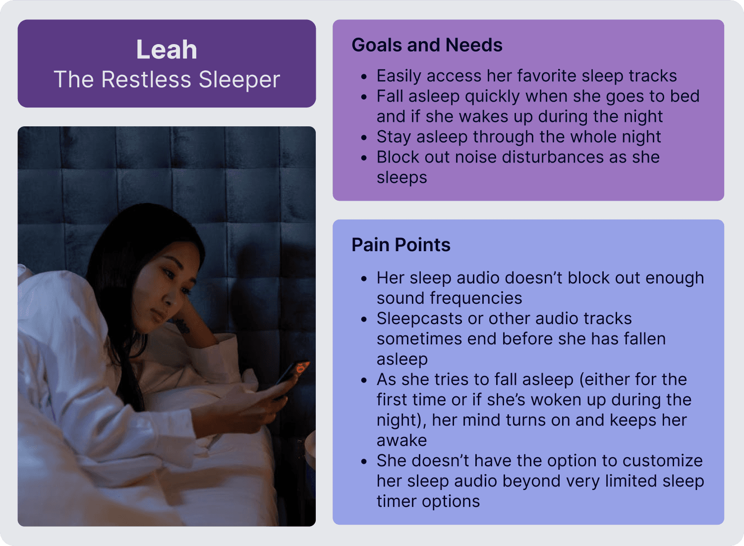 persona card for a woman named Leah including her goals, needs, and pain points