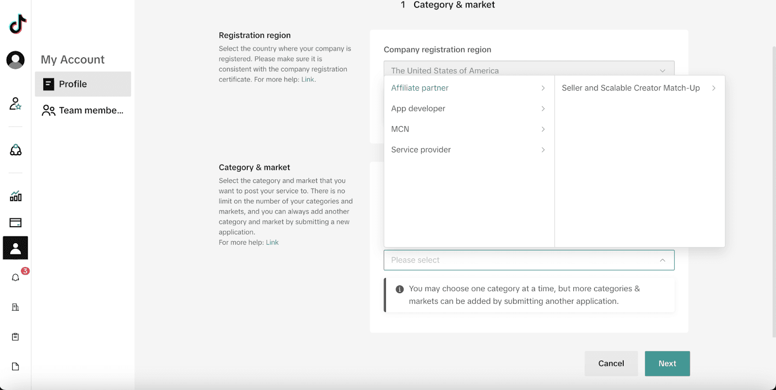 Screenshot of a web portal showing a dropdown menu for selecting a "Company registration region" in the profile settings