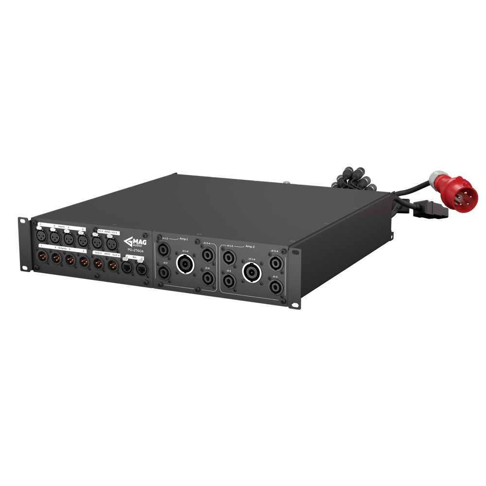 Audio amplifier rack with multiple input and output connectors.