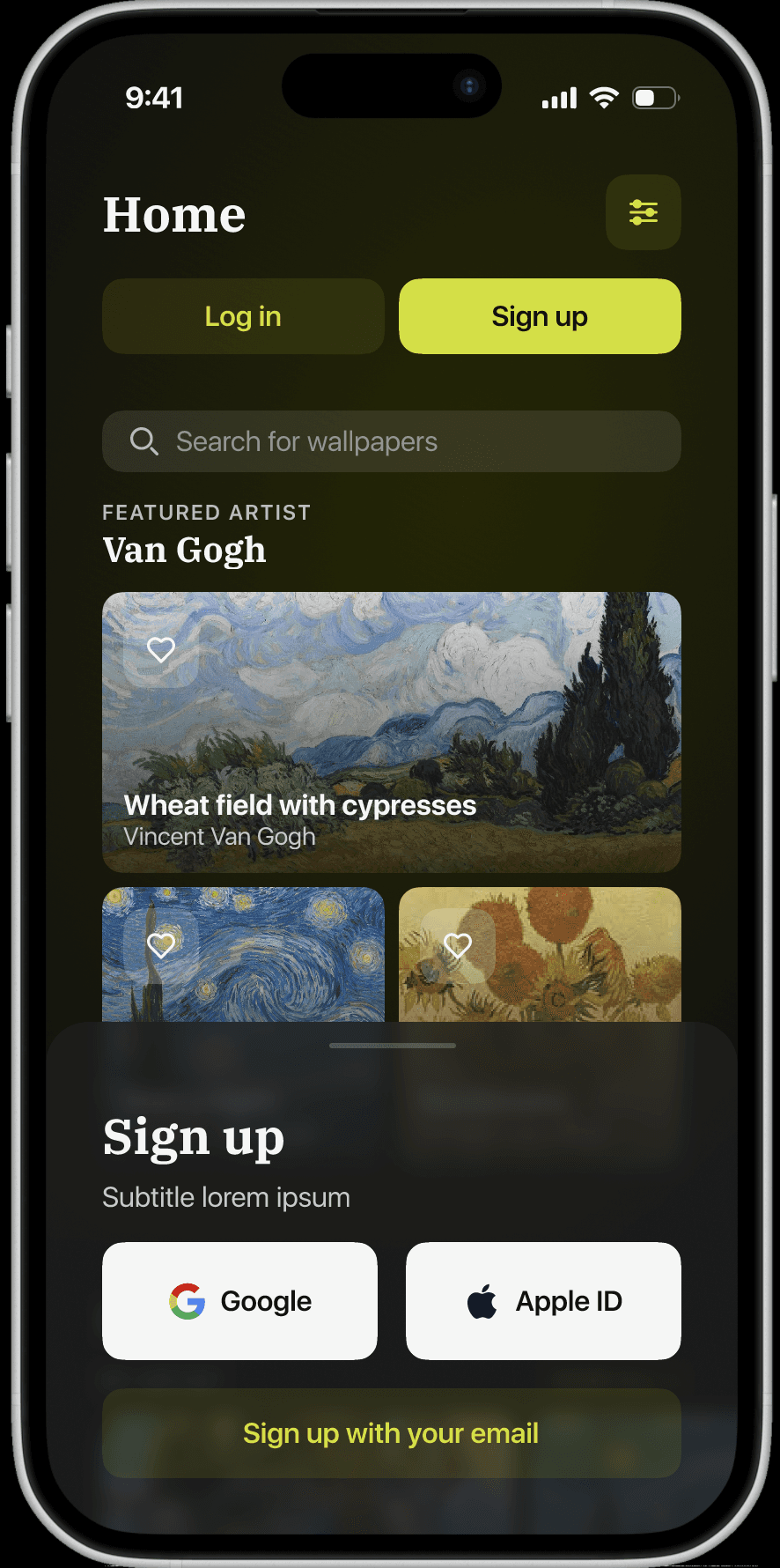 Wallpaper app sign up modal