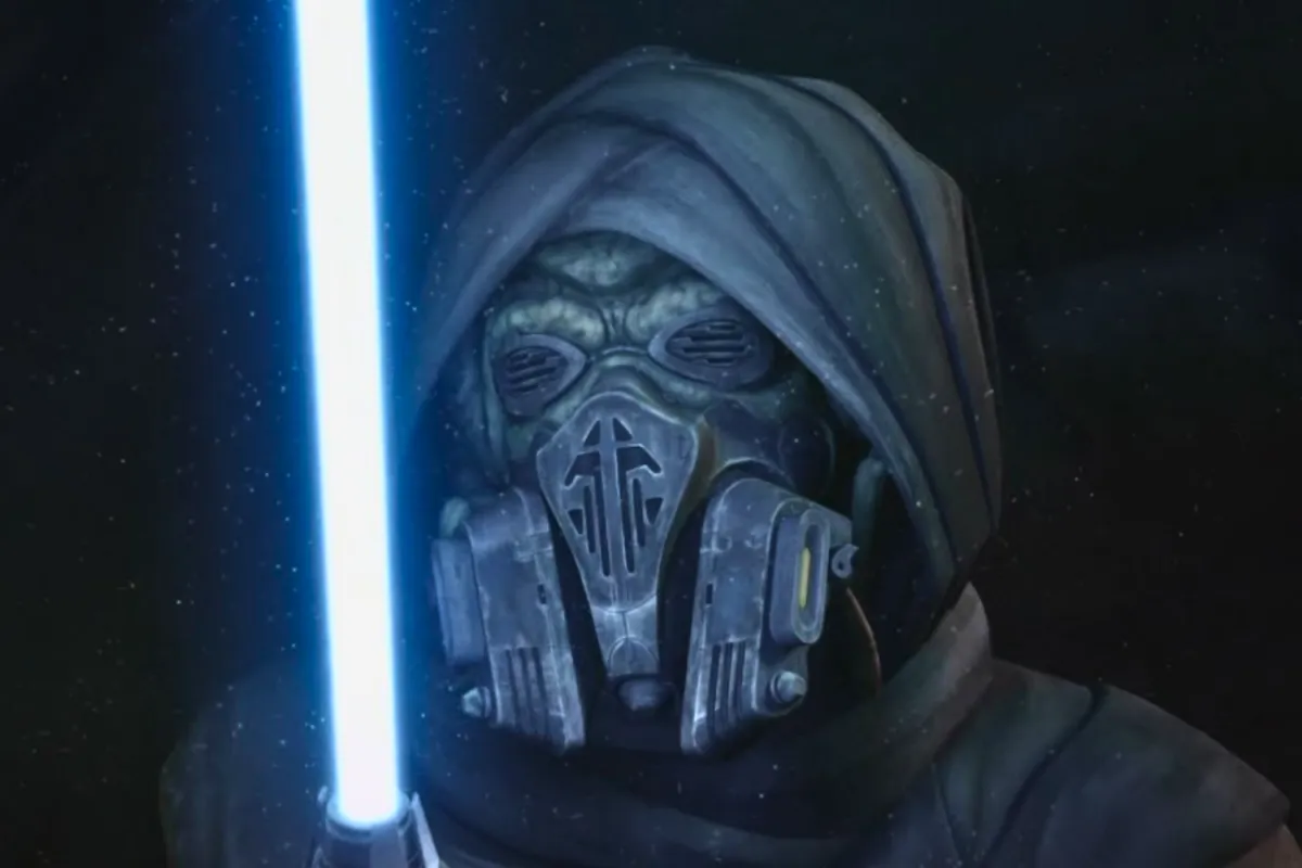 Jedi Master Plo Koon cloaked in a dark hood, holding an ignited blue lightsaber. His breathing mask and goggles are detailed with intricate patterns, giving him a mysterious and formidable presence. The dim lighting and floating particles in the air enhance the atmospheric depth of the scene.