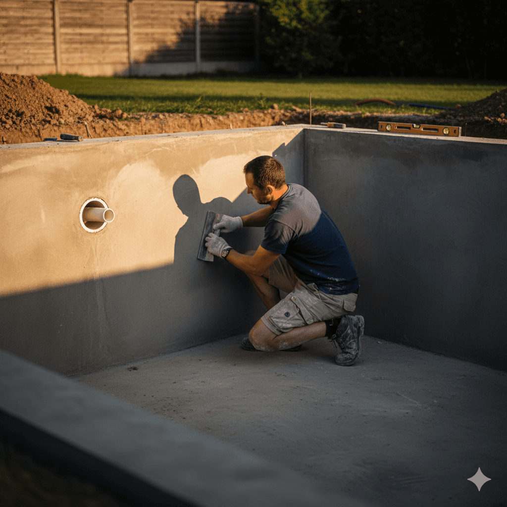 Pisciniste réalisant l'enduit d'un bassin de piscine en construction