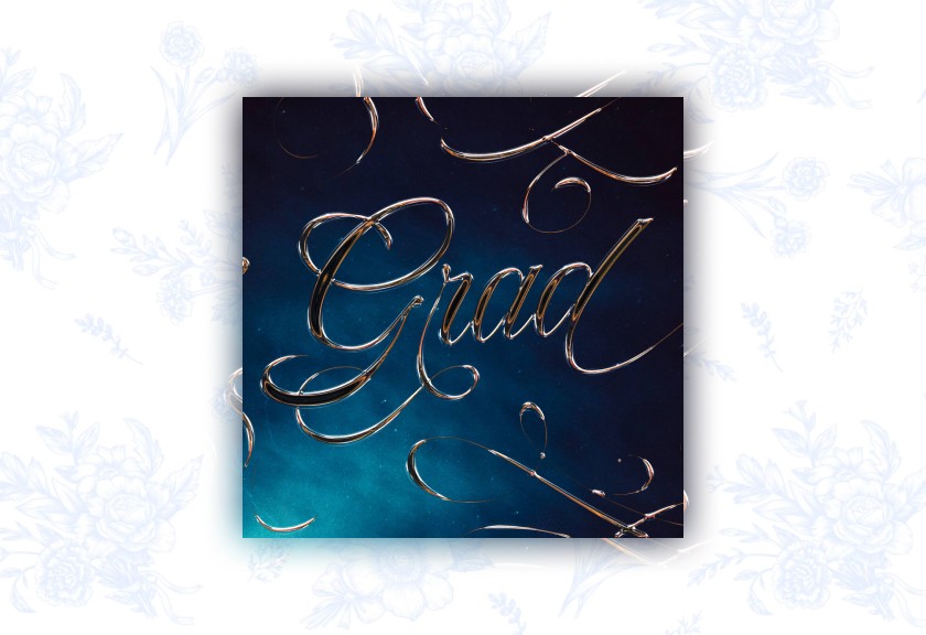 Elegant script-style graduation party invite with deep blue and gold accents.