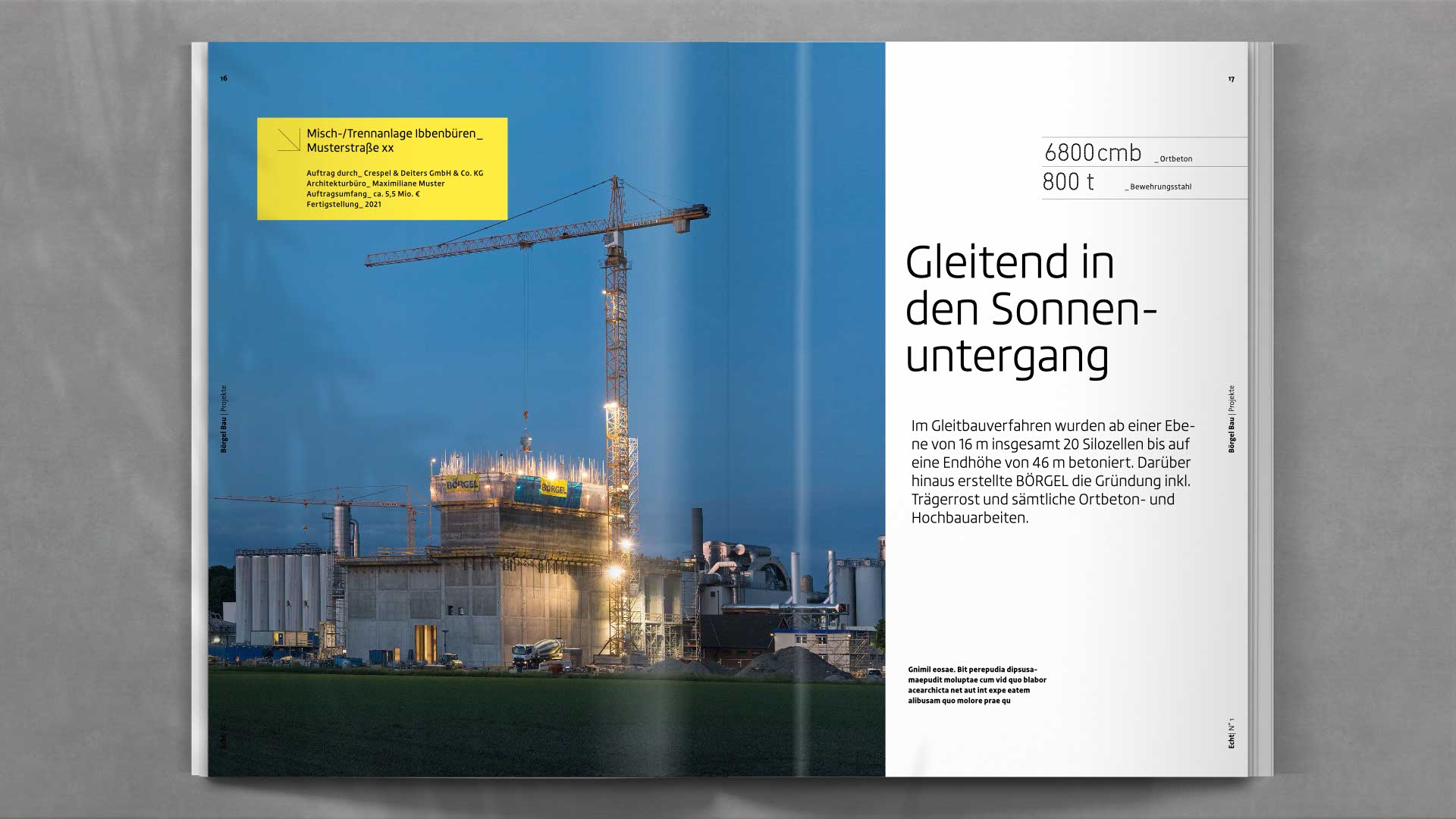Doppelseite mit Projektbericht aus dem Bereich Ingenieurbau – übersichtlich strukturiert, mit Bild-Text-Komposition und pointierter Farbführung.