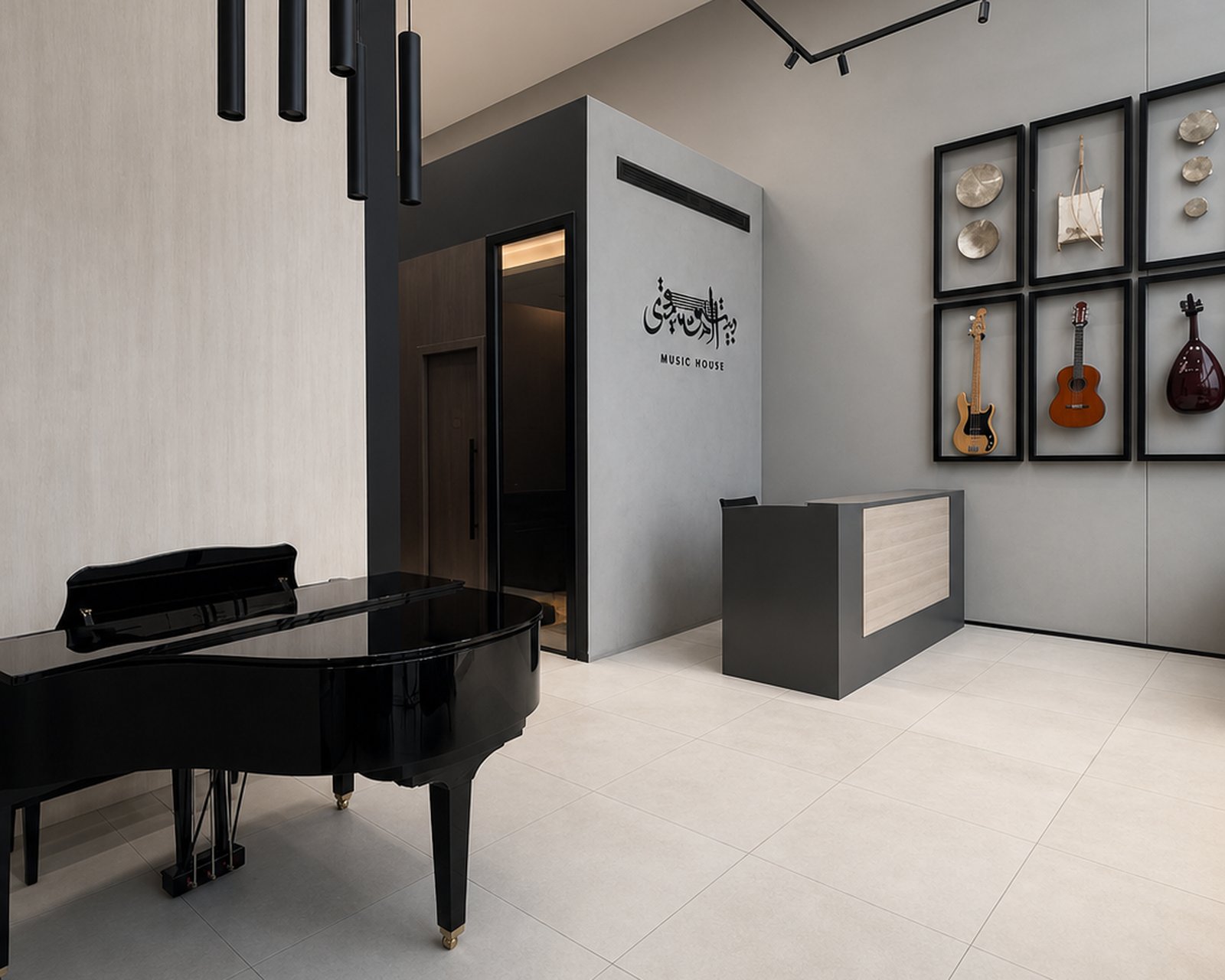 Riyadh branch entrance lobby with Baby Grand Piano and musical instruments including Electric Guitar and Oud, Music House logo on the wall, AlNuzha