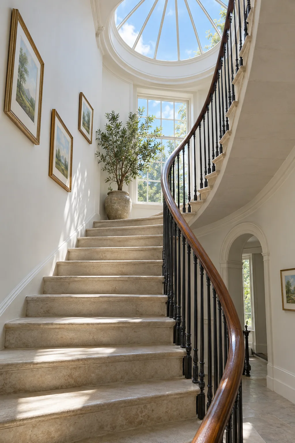 The stone stair curving up under a round glass cupola
