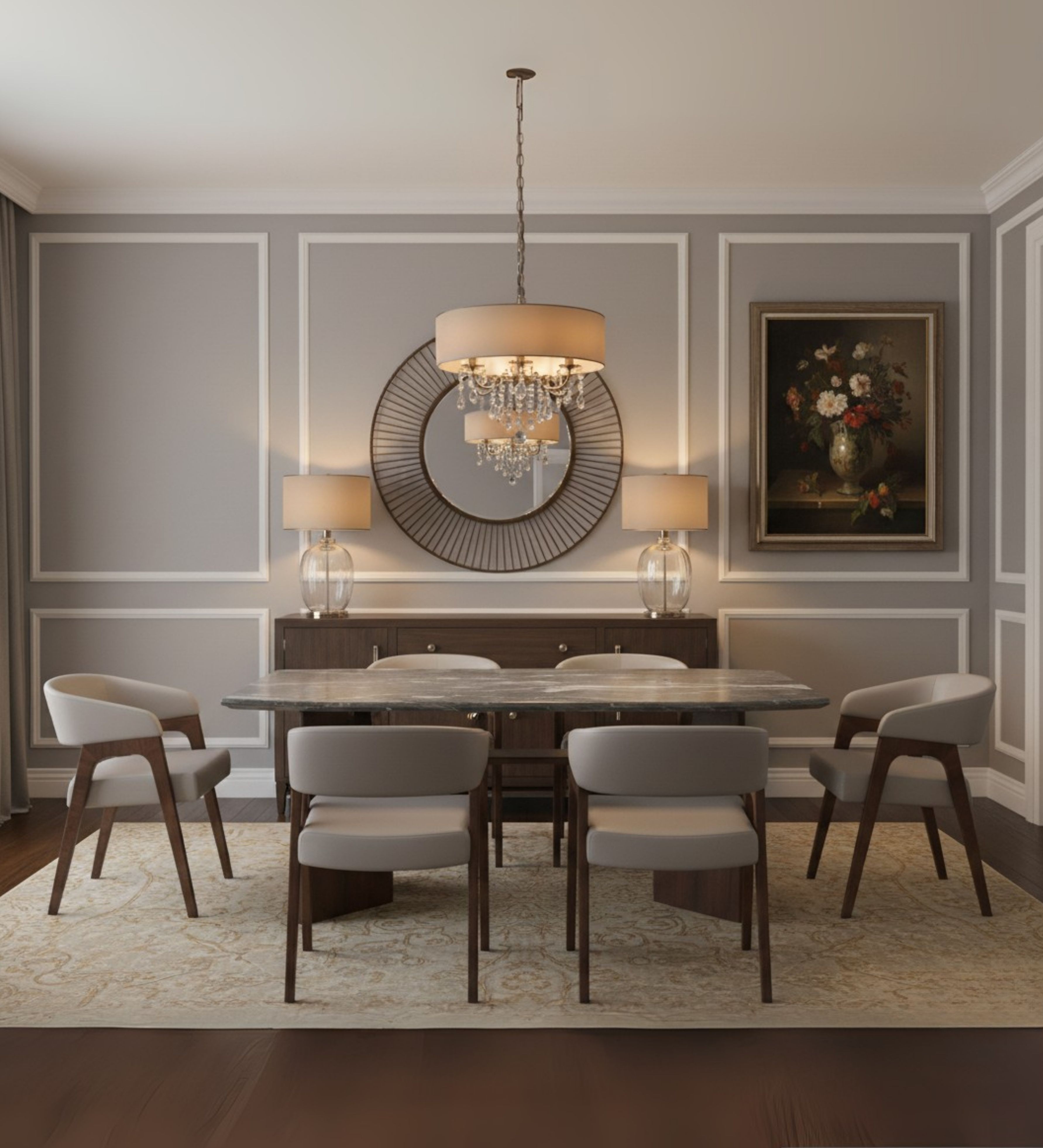 Formal dining set with rounded edges, styled with cushioned chairs for comfortable seating