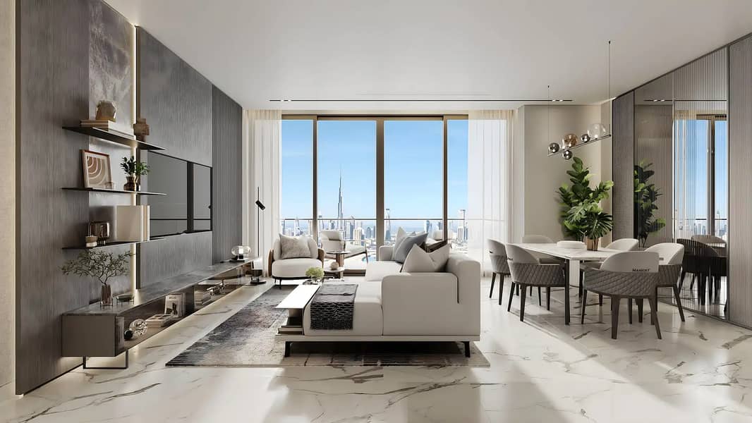 Elegant living room in Mansory Residences, showcasing a panoramic view of the city skyline.